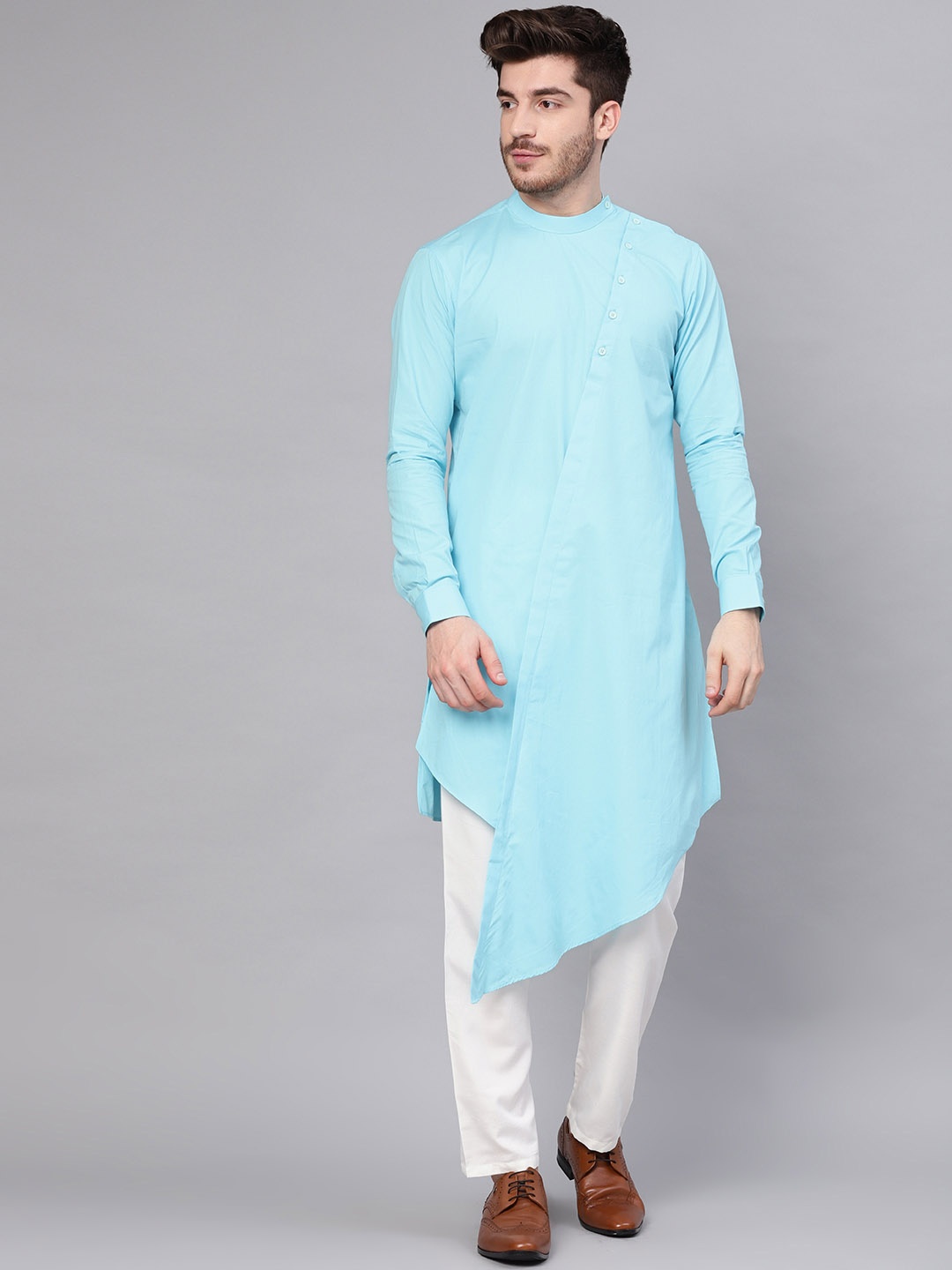 

See Designs Men Turquoise Blue & White Solid Kurta with Trousers