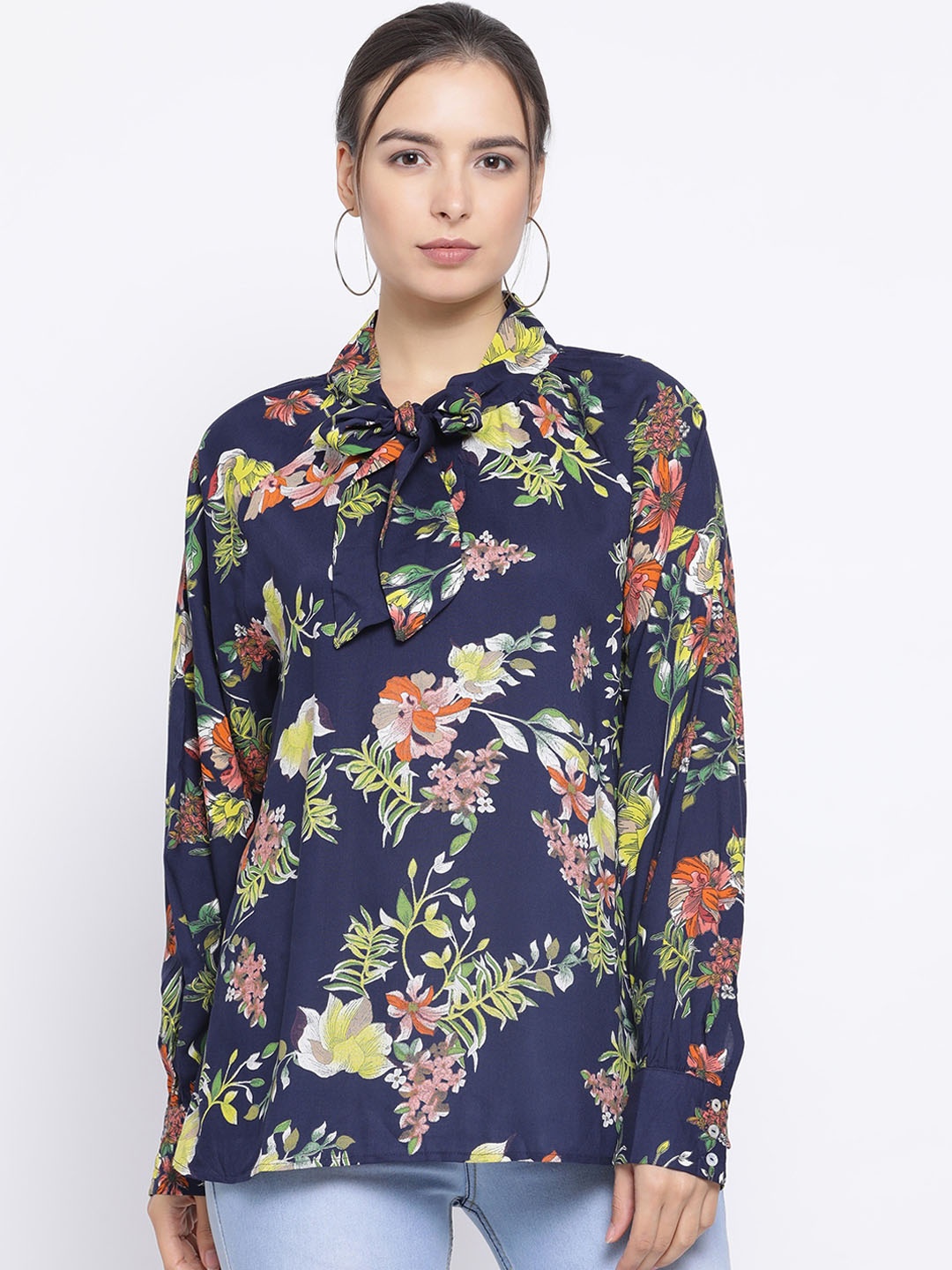 

Oxolloxo Women Navy Blue Tropical Printed Top