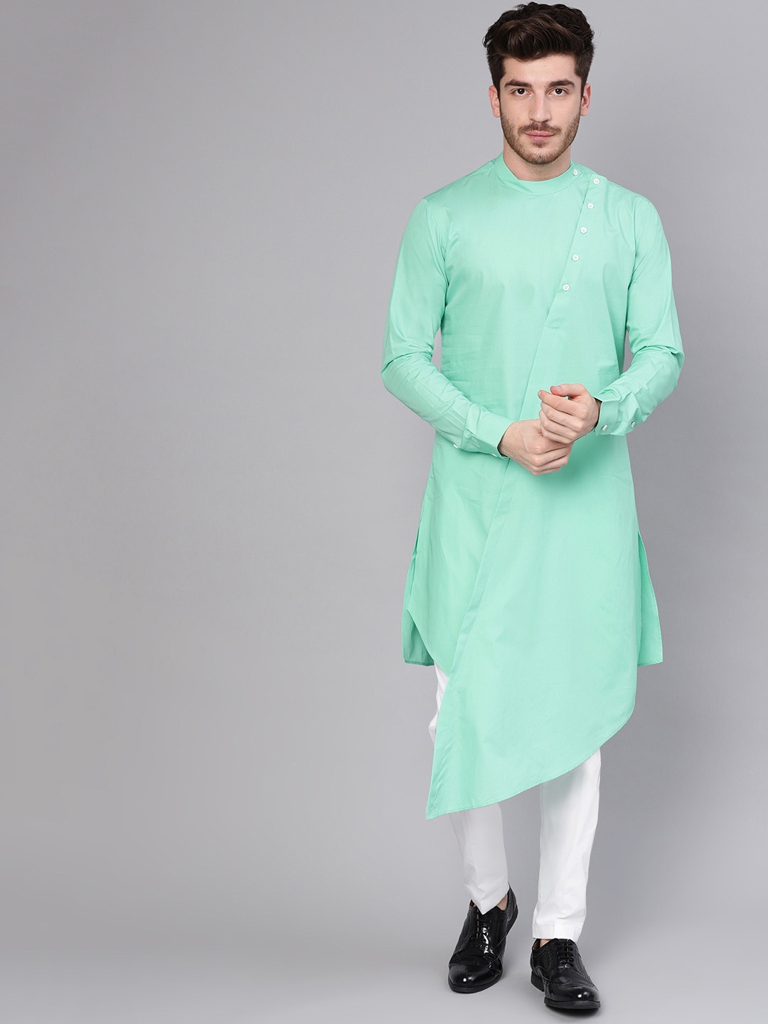 

See Designs Men Sea Green & White Solid Kurta with Trousers