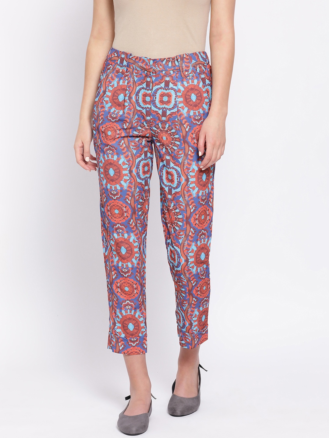 

Oxolloxo Women Blue & Orange Regular Fit Printed Regular Trousers