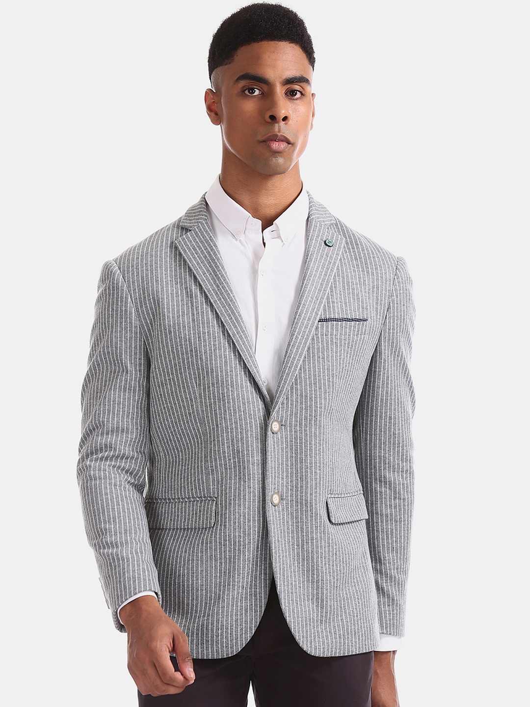 

Arrow New York Men Grey Striped Single-Breasted Slim-Fit Formal Blazer