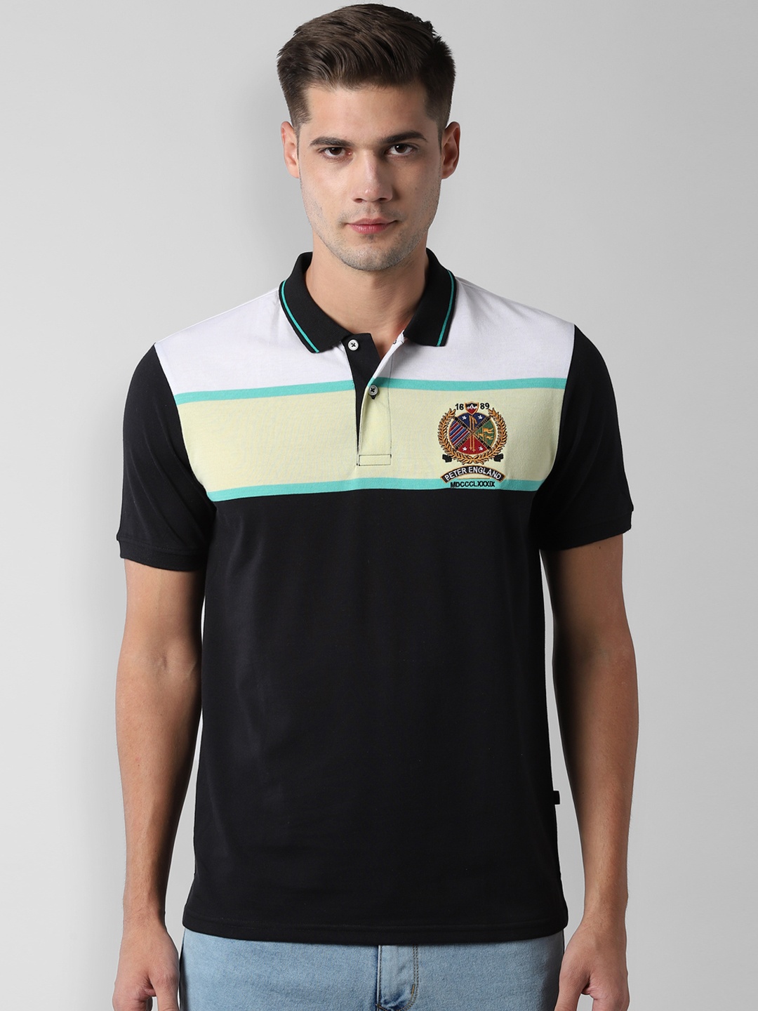 

Peter England Casuals Men Black & White Colourblocked Slim Fit Polo Collar T-shirt