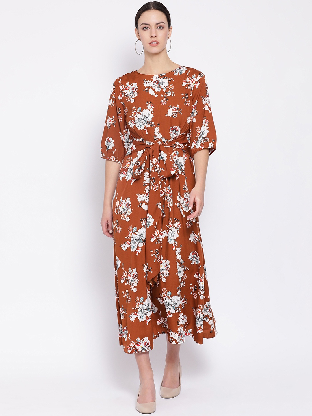 

Oxolloxo Women Rust Floral Printed Fit and Flare Dress
