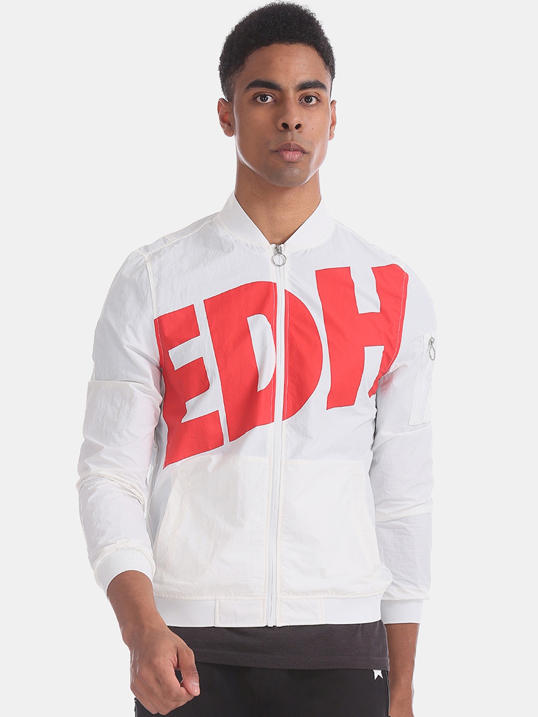 

Ed Hardy Men White & Red Printed Bomber Jacket