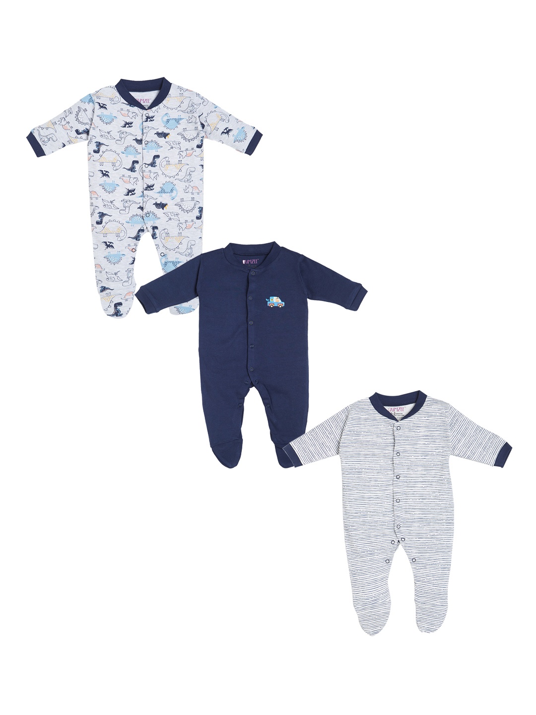 

BUMZEE Kids Pack of 3 Navy Blue & Off-White Printed Sleepsuits