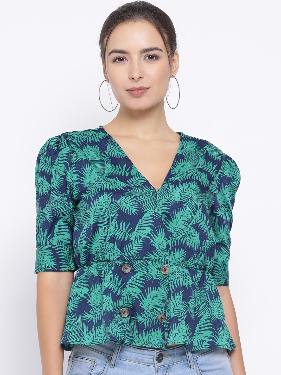 

Oxolloxo Women Navy Blue Tropical Printed Wrap Top