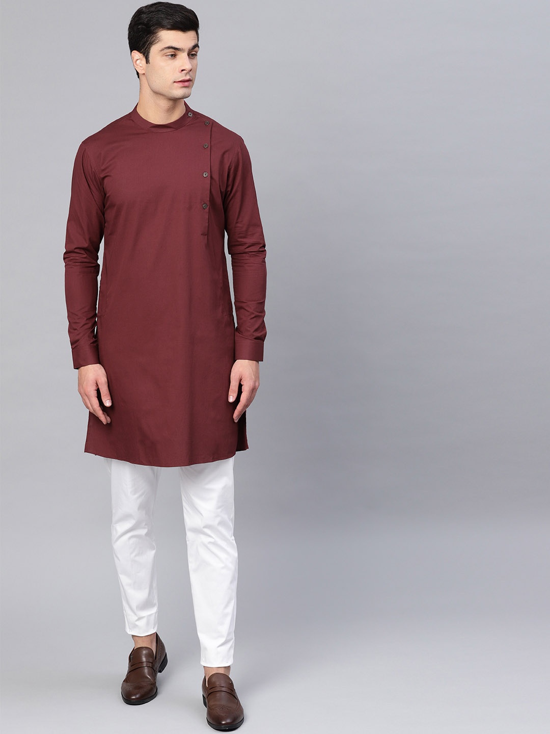 

See Designs Men Burgundy & White Solid Kurta with Trousers