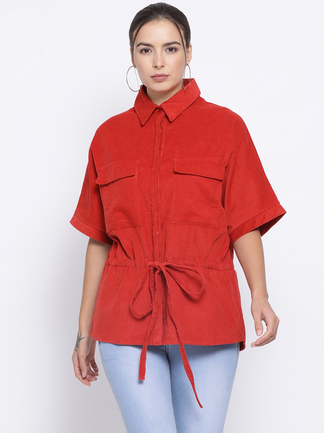 

Oxolloxo Women Red Solid Tailored Corduroy Jacket