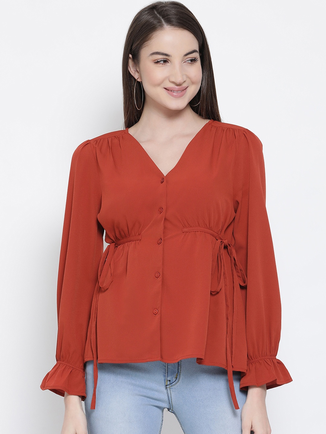 

Oxolloxo Women Rust Brown Solid Cinched Waist Top