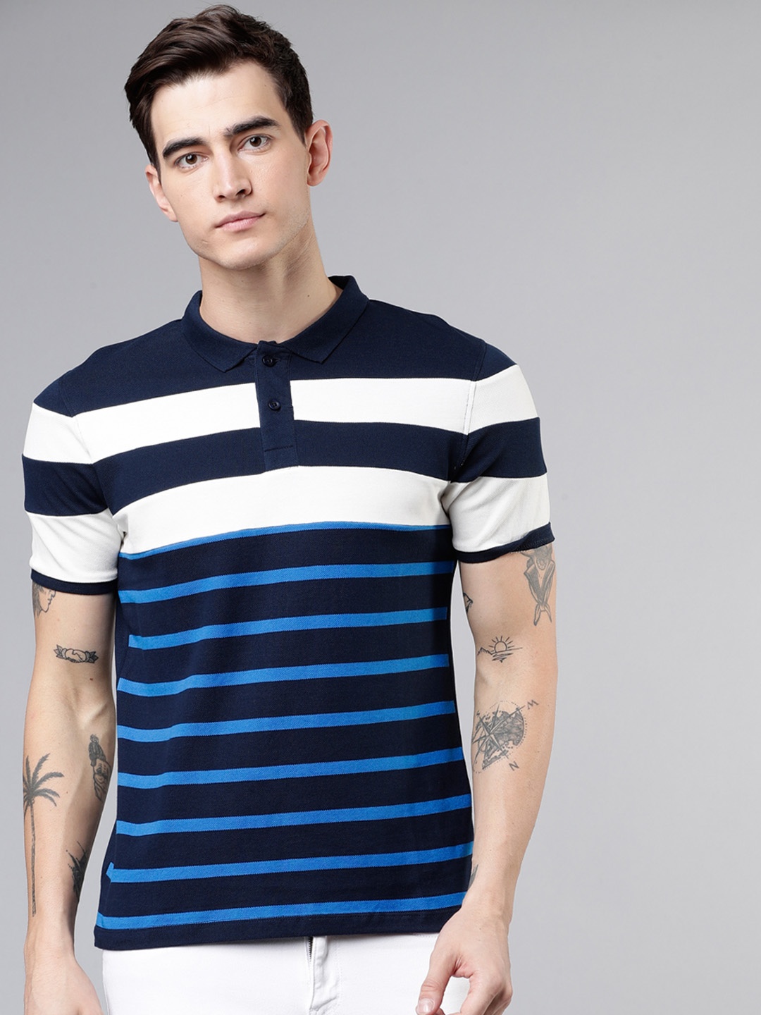 

LOCOMOTIVE Men Blue & White Striped Polo Collar T-shirt