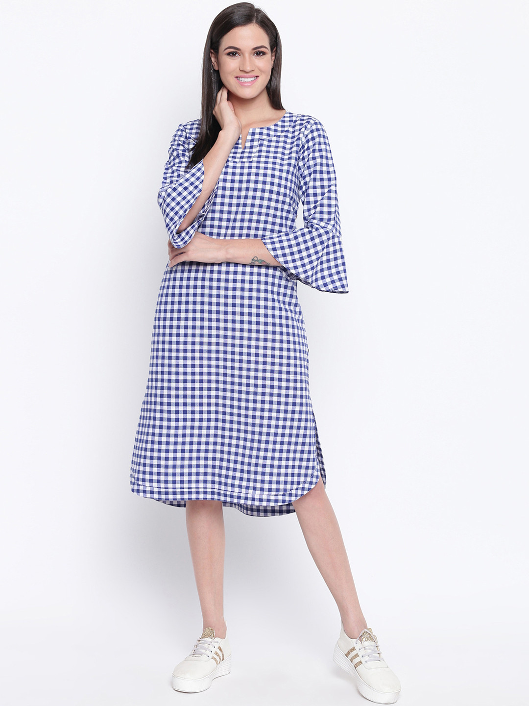

FABNEST Women Blue & White Checked A-Line Dress