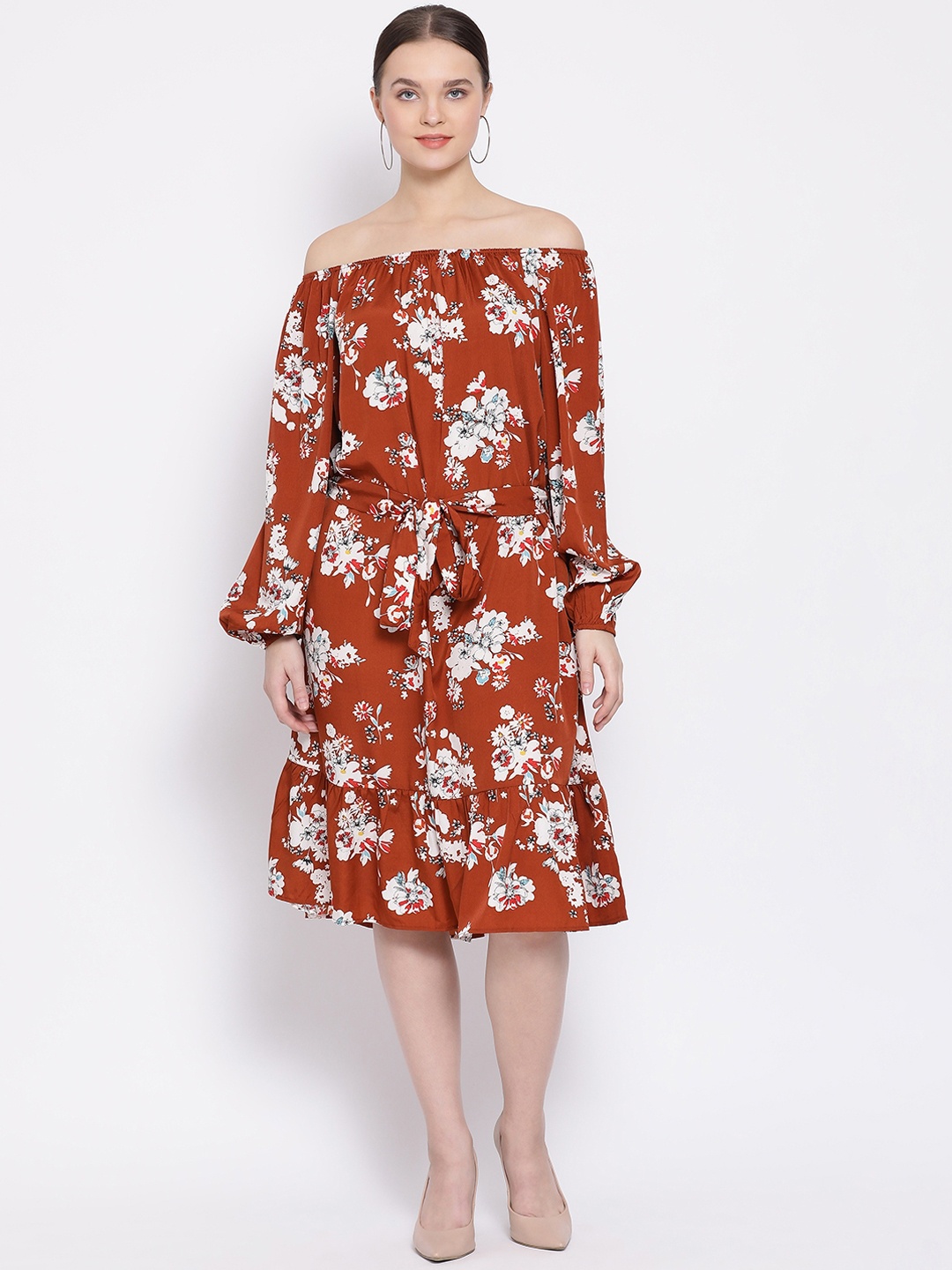 

Oxolloxo Women Rust Red & White Floral Printed A-Line Dress