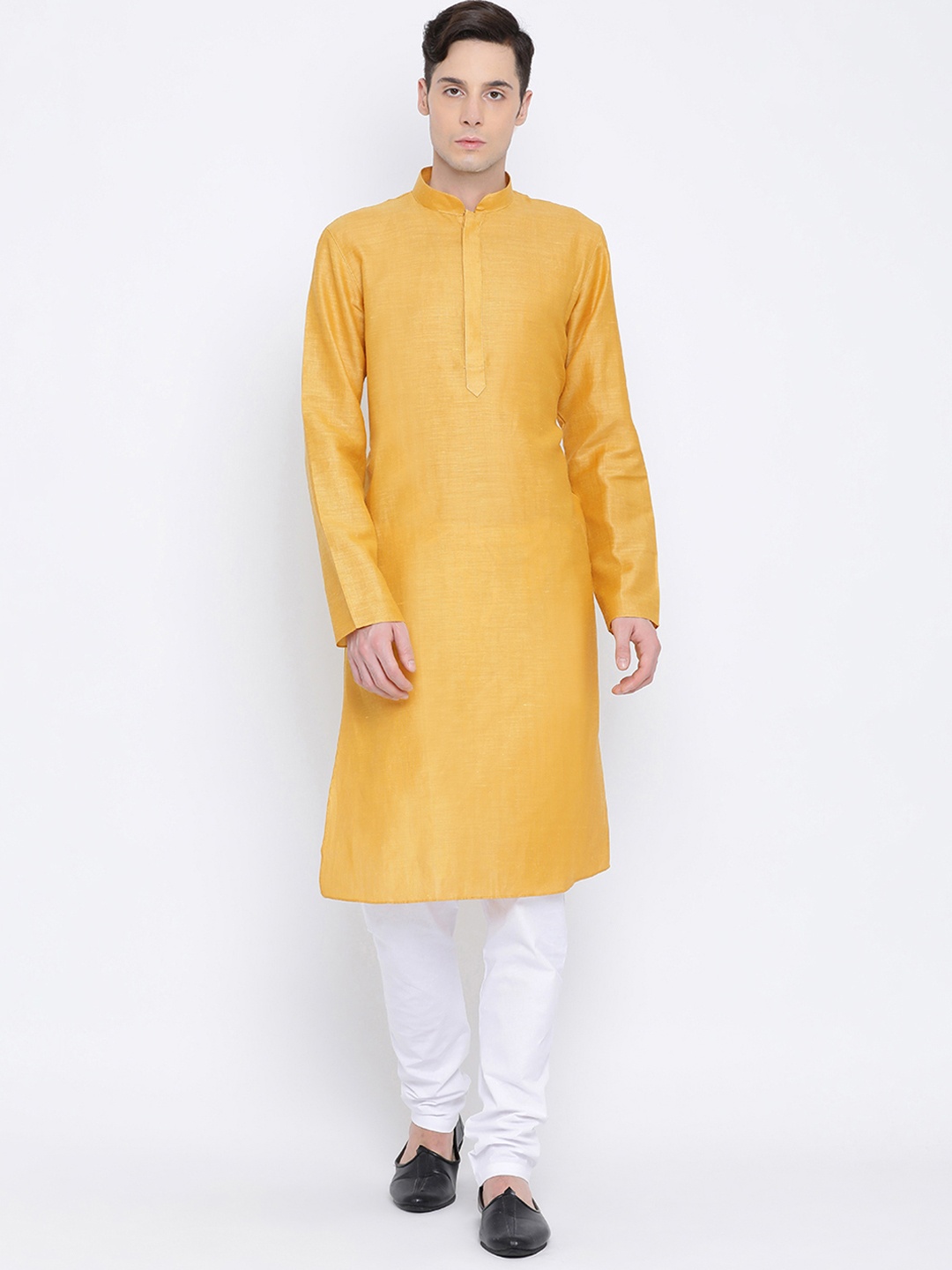 

NAMASKAR Men Mustard Yellow Solid Linen Straight Kurta