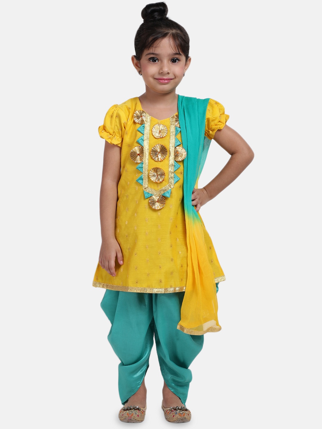 

BownBee Girls Yellow Yoke Design Chanderi Kurti with Sea Green Dhoti Pants & Dupatta