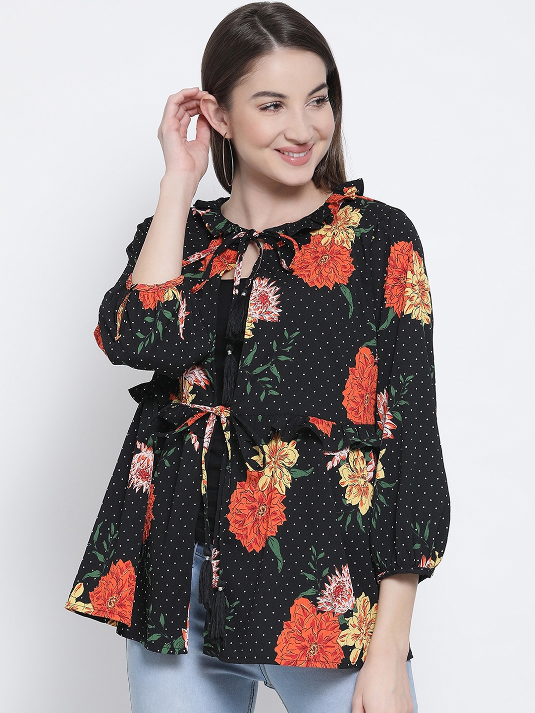 

Oxolloxo Women Black & Pink Printed Tie-Up Shrug