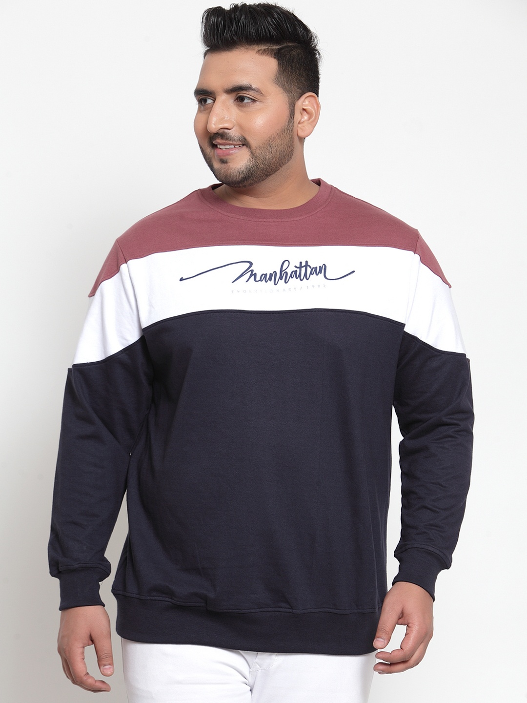 

plusS Men Navy Blue & White Colourblocked Sweatshirt