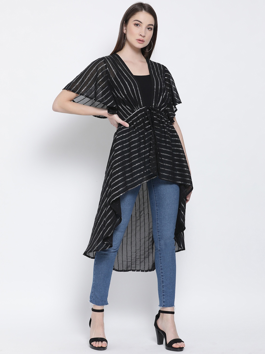 

Oxolloxo Women Black Self Design Tie-Up Shrug