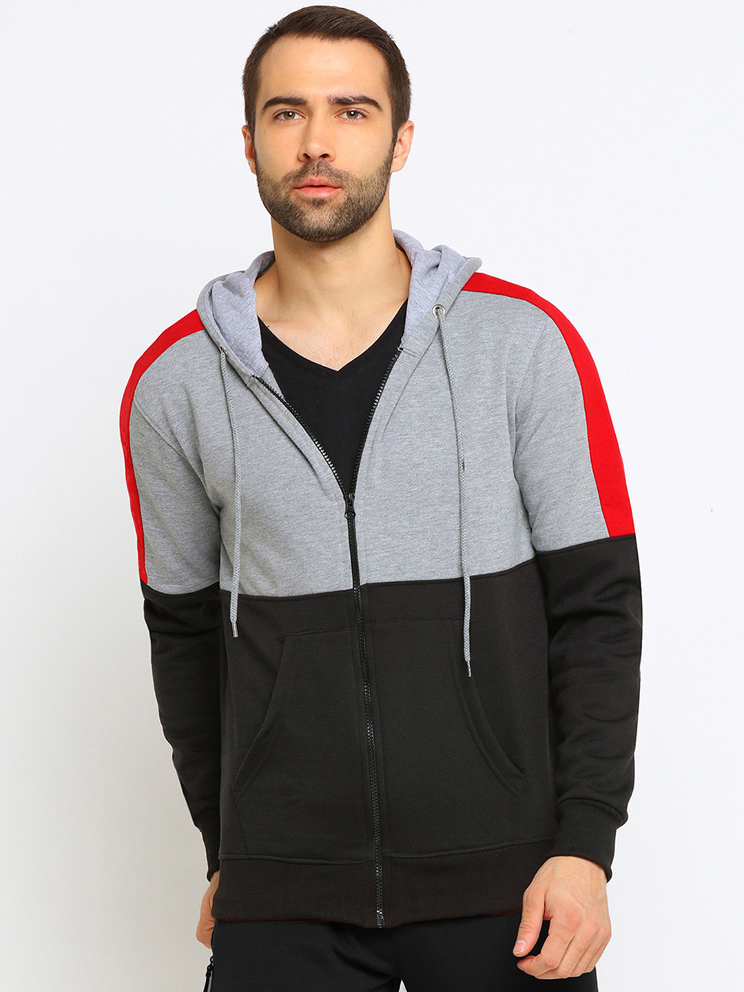 

Maniac Men Black & Grey Colourblocked Hooded Sweatshirt