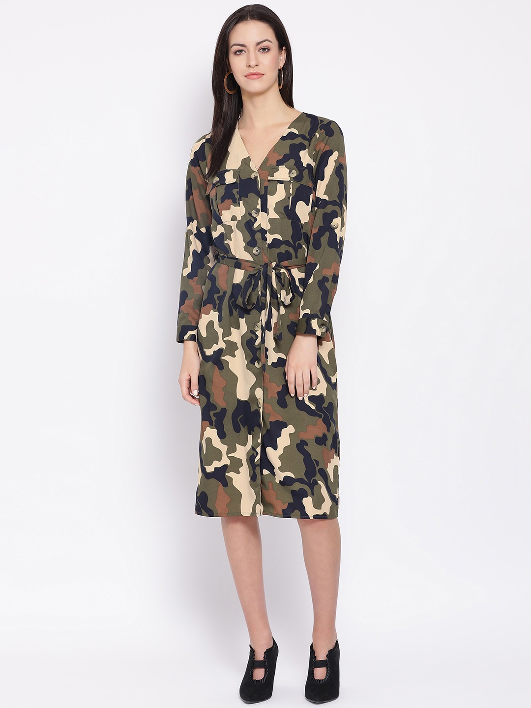 

Oxolloxo Women Khaki Printed Shirt Dress