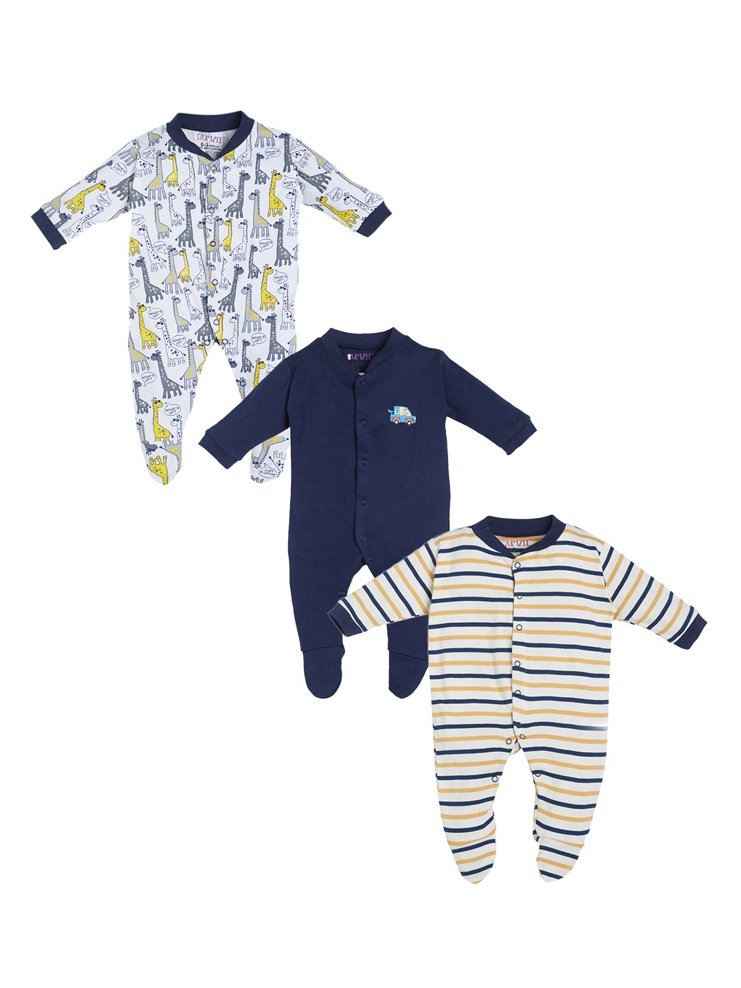 

BUMZEE Kids Pack of 3 Navy Blue & Yellow Printed Sleepsuits