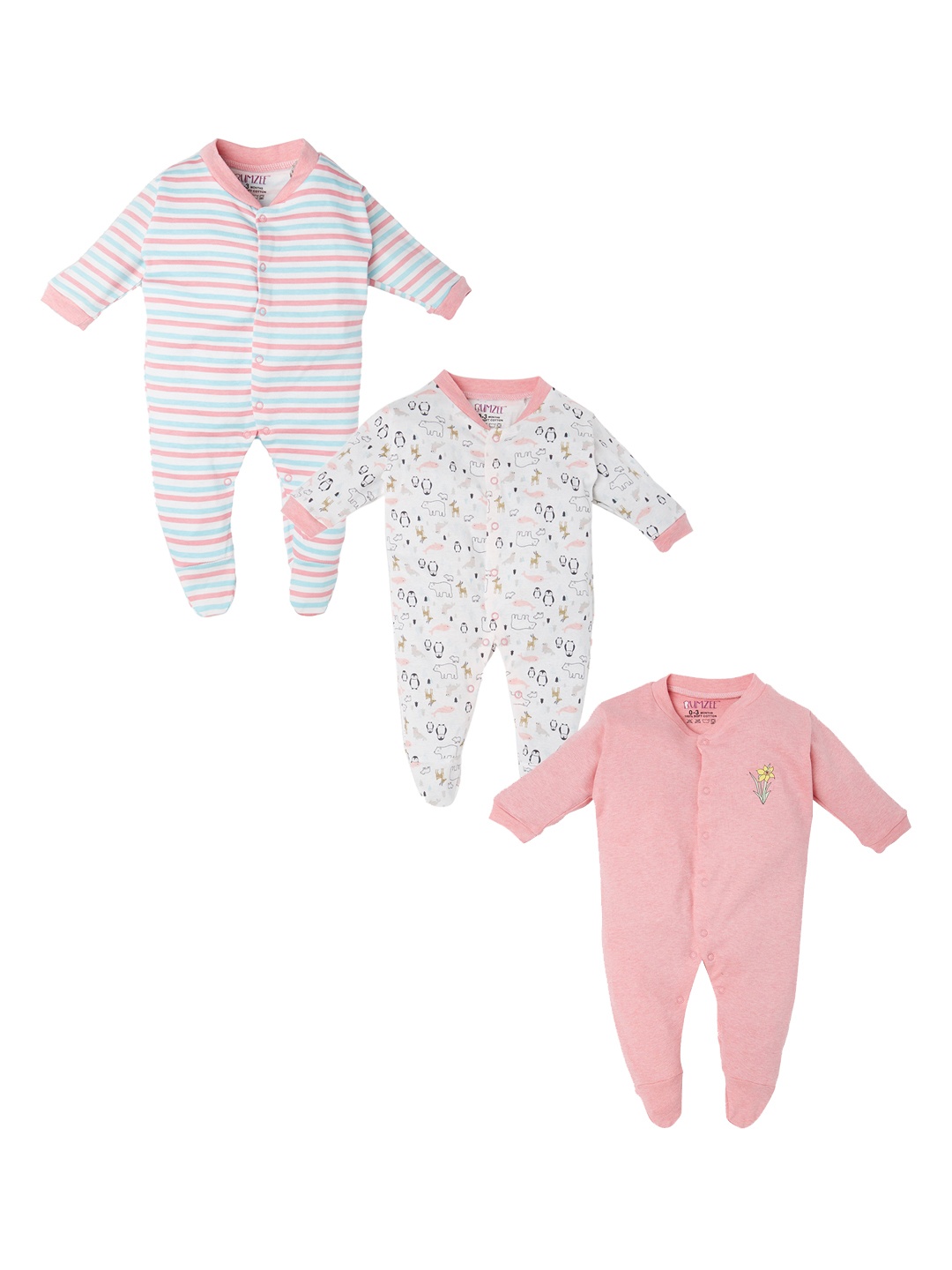 

BUMZEE Infants Pack of 3 Pink & White Full Sleeve Sleepsuits