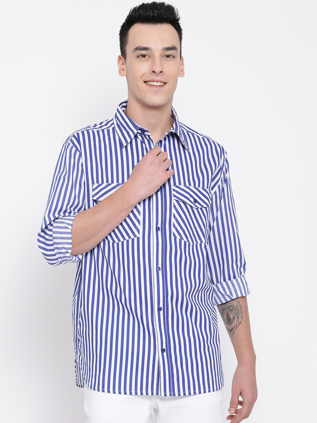 

Oxolloxo Men Blue & Off-White Bengal Striped Casual Shirt