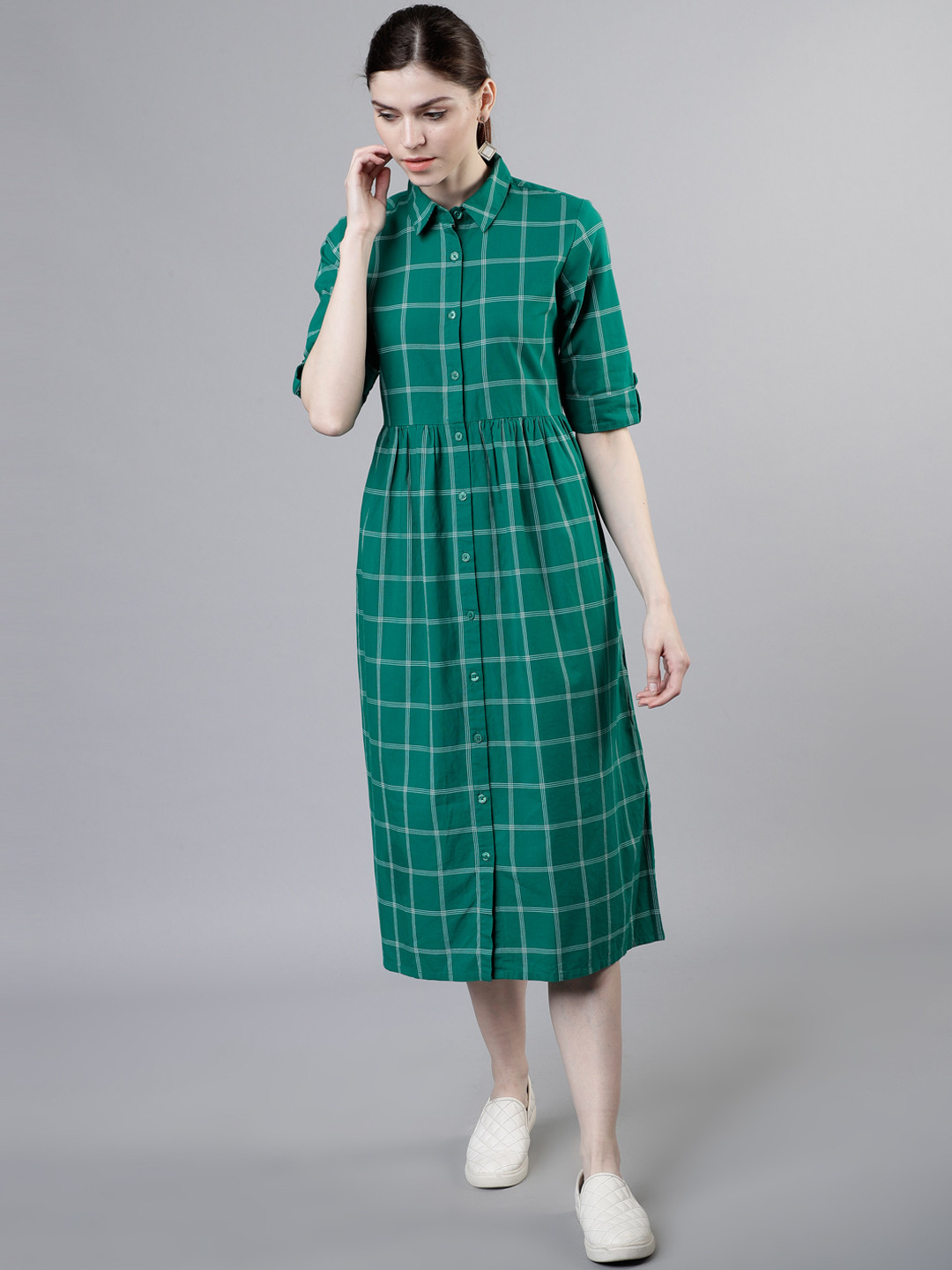 

Tokyo Talkies Women Green Checked Shirt Dress