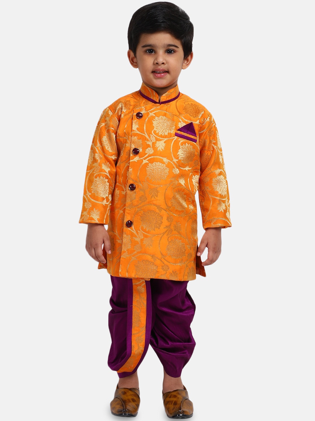 

BownBee Boys Orange & Purple Woven Design Kurta with Dhoti Pants