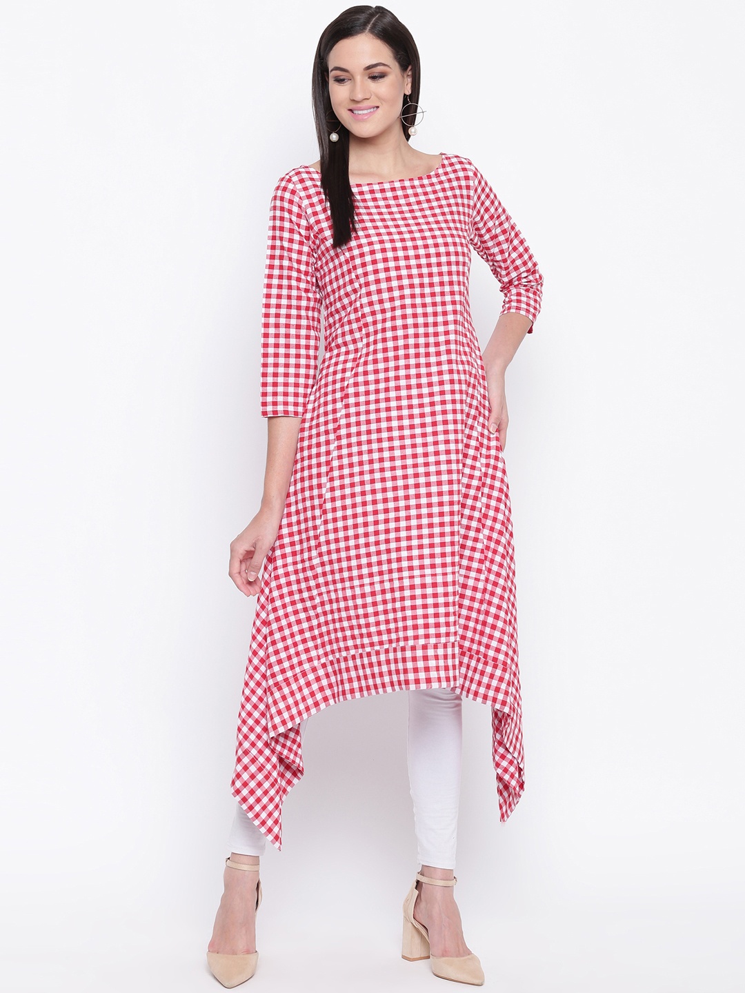 

FABNEST Women Red & White Checked Asymmetric A-Line Kurta