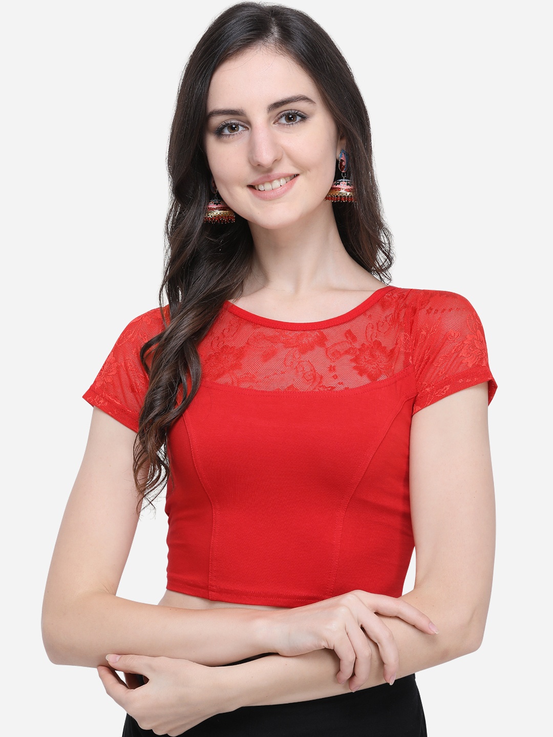 

Janasya Women Red Solid Lacy Saree Blouse