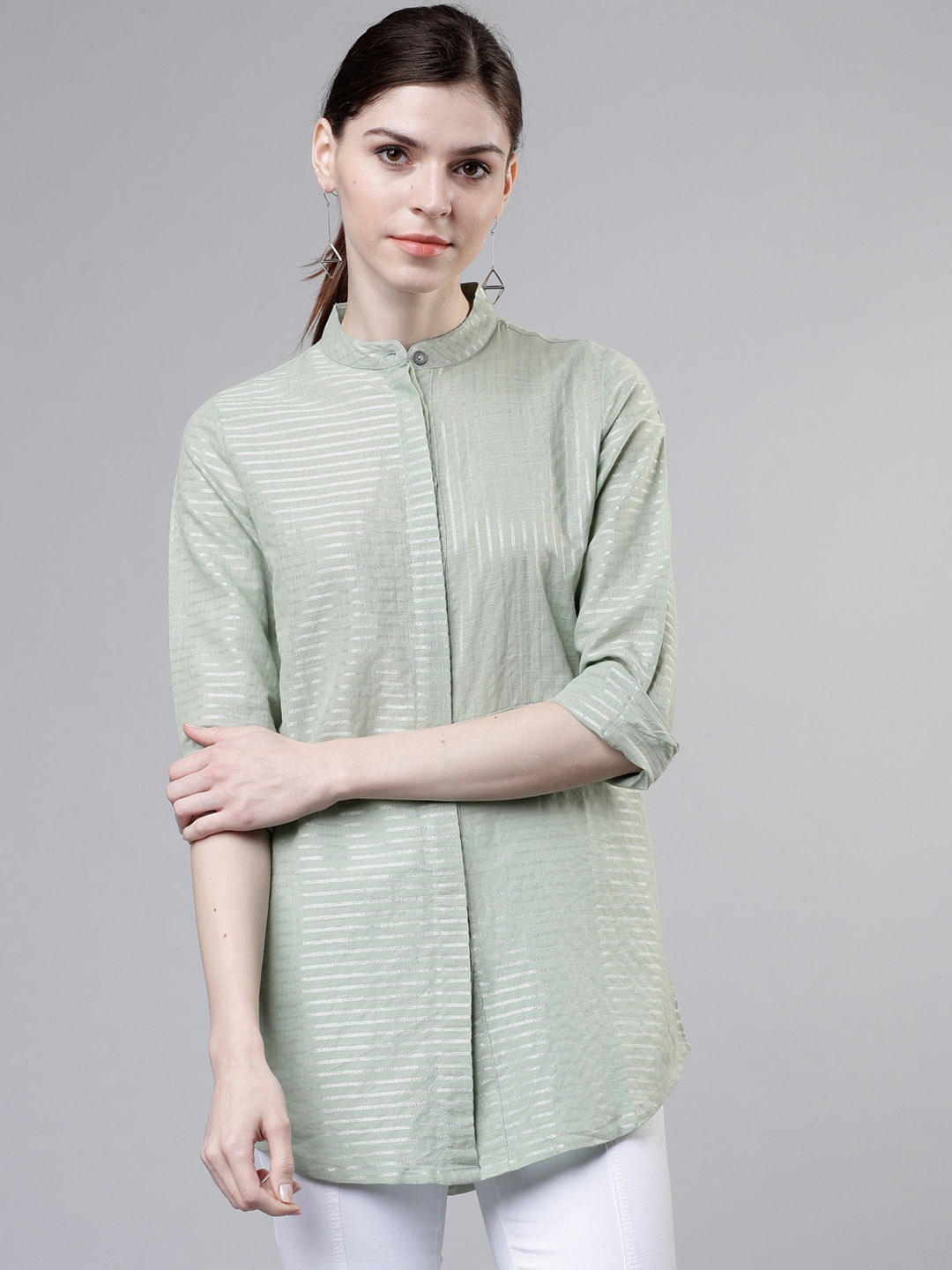 

Vishudh Women Green Striped Shirt Style Top