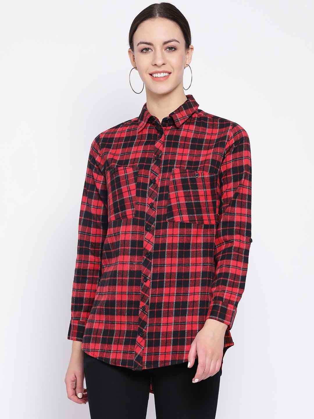 

Oxolloxo Women Red & Black Regular Fit Checked Casual Shirt
