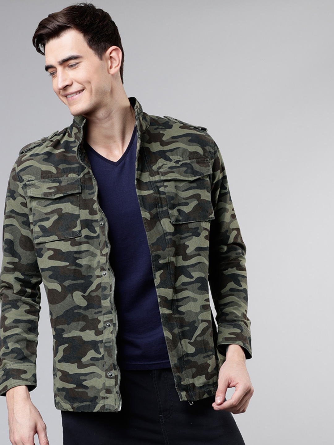 

LOCOMOTIVE Men Olive Green & Navy Blue Printed Tailored Jacket
