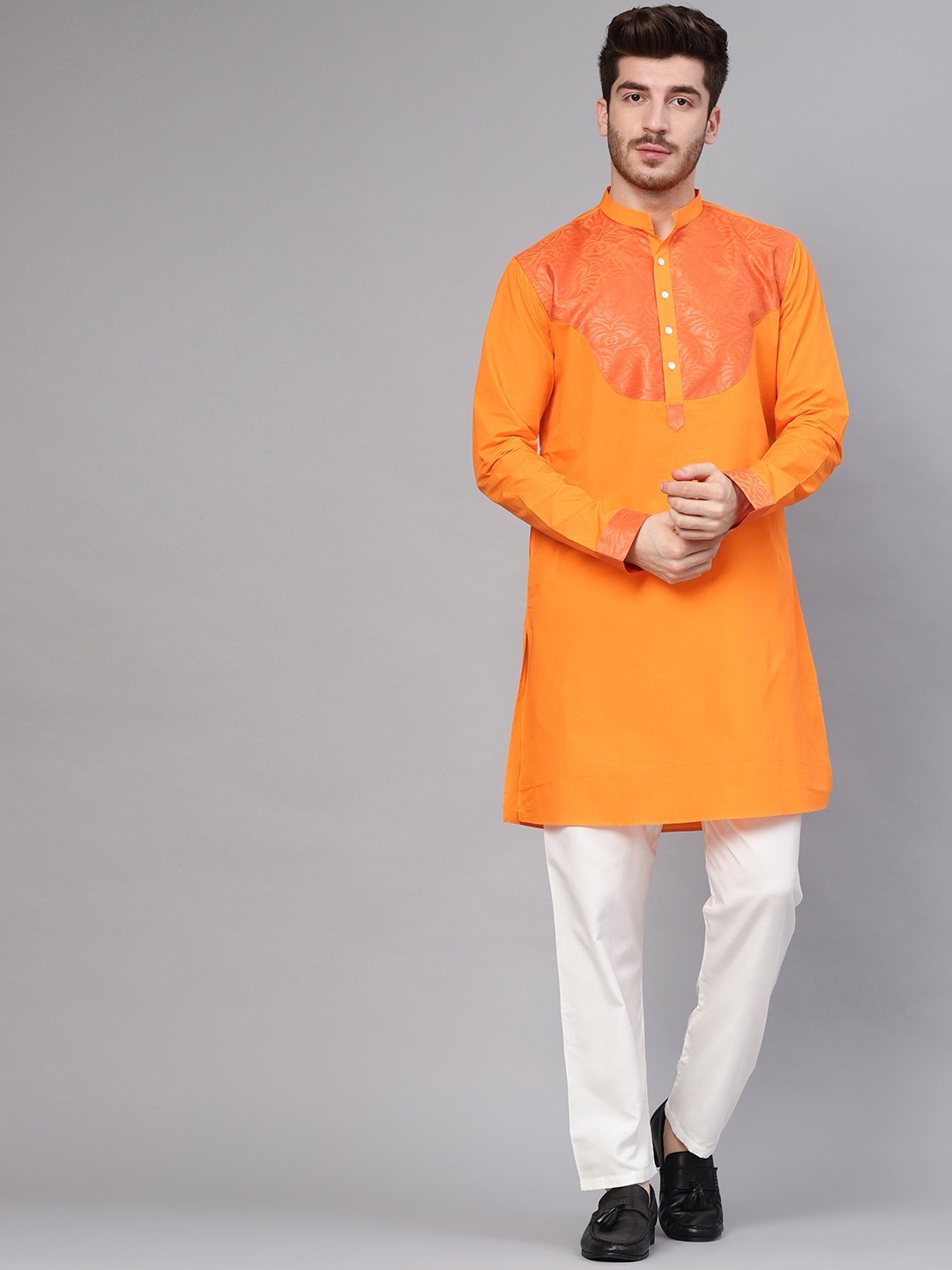 See Designs Men Orange & White Self Design Kurta with Trousers
