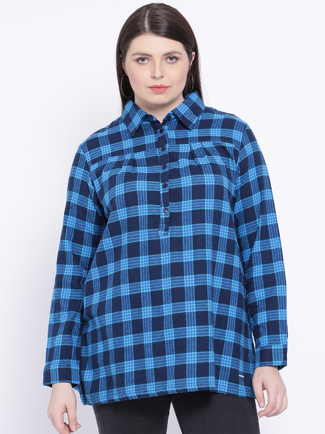 

Oxolloxo Women Blue Checked Shirt Style Top