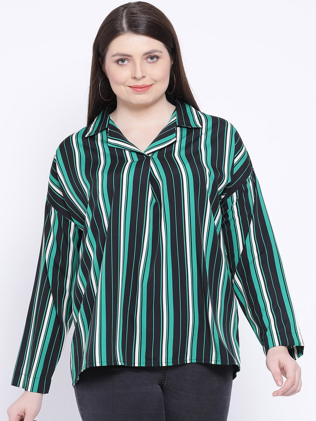 

Oxolloxo Women Green & Black Striped Shirt Style Top