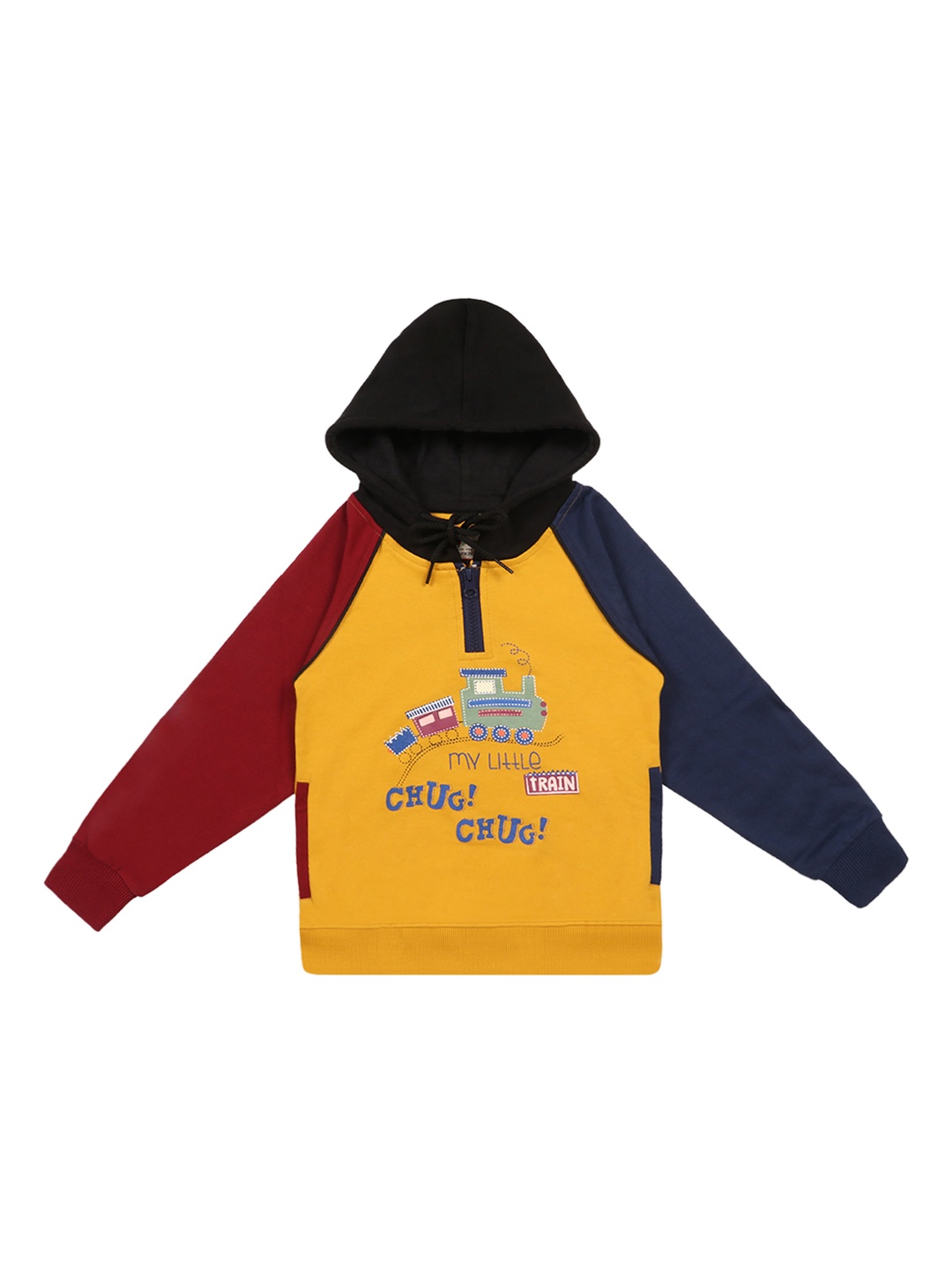 

Lil Tomatoes Boys Mustard Yellow & Maroon Printed Hooded Sweatshirt