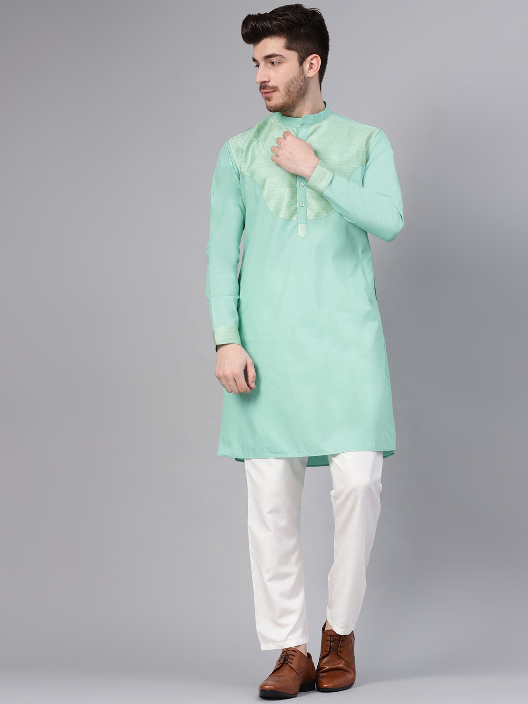 

See Designs Men Sea Green & White Self Design Kurta with Trousers