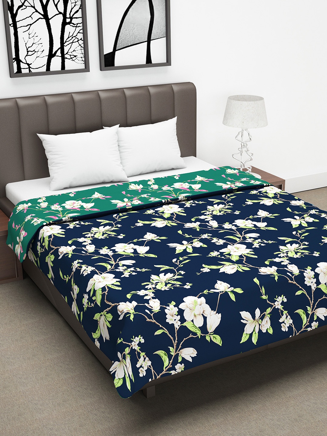 

Divine Casa Navy Blue & Green Floral AC Room 110 GSM Double Bed Dohar