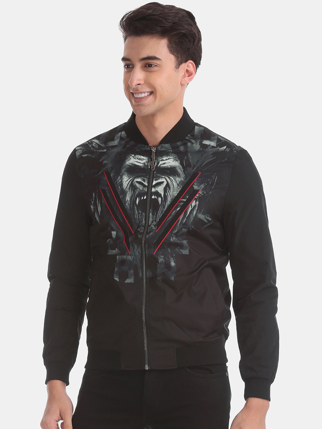 

Ed Hardy Men Black & Grey Printed Bomber Jacket