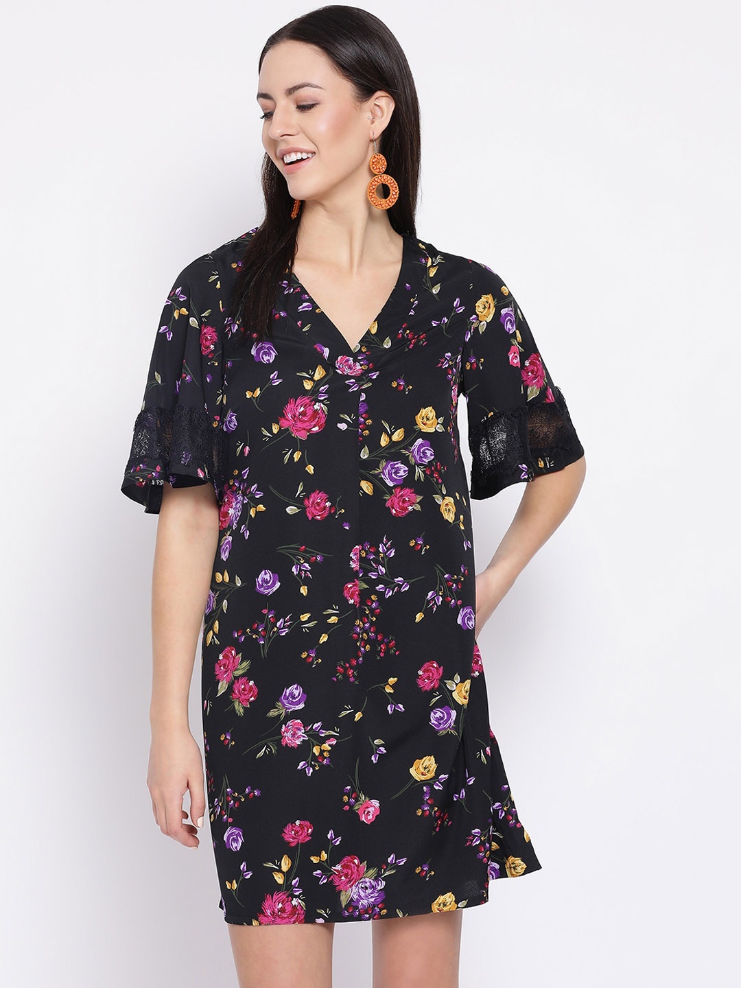 Oxolloxo Women Black Floral Print A-Line Dress