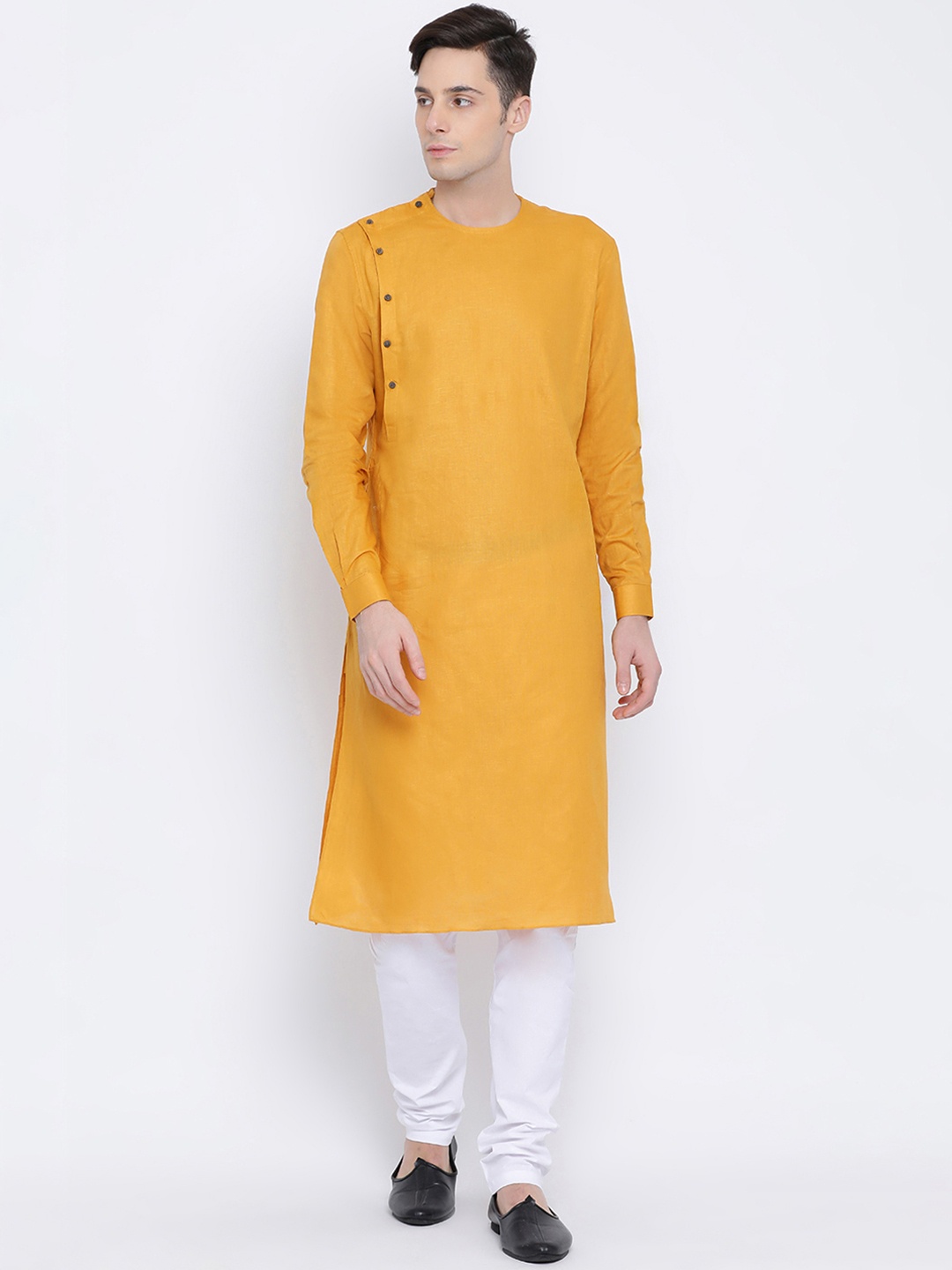 NAMASKAR Men Mustard Yellow Solid Straight Kurta