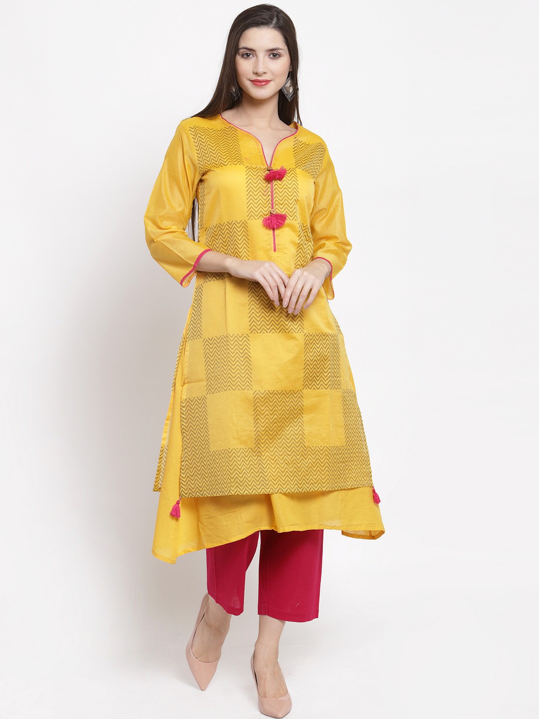 

The Kurta Express Women Yellow Printed A-Line Kurta