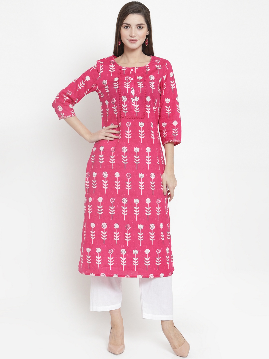 

The Kurta Express Women Pink & White Printed Straight Kurta