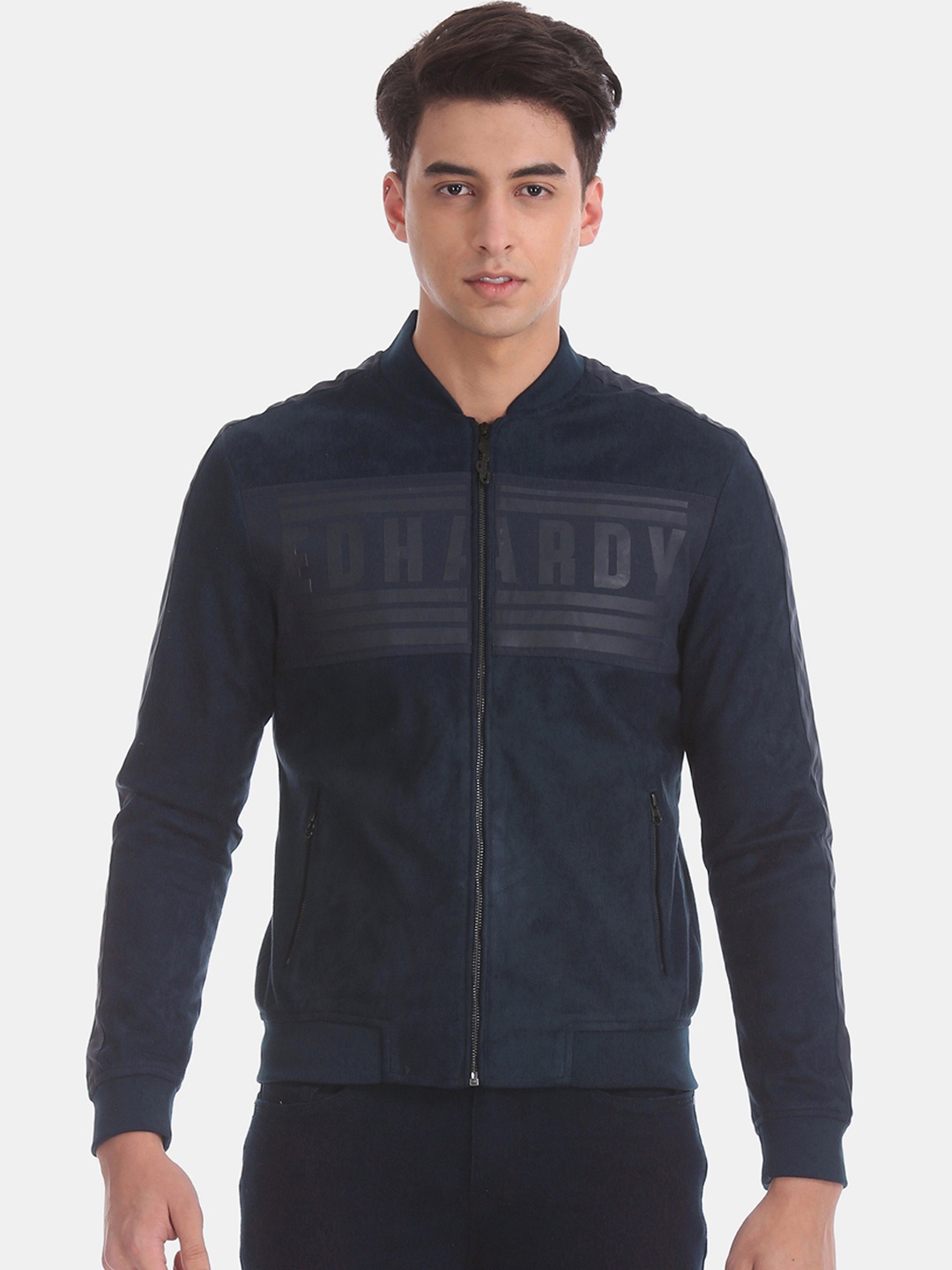 

Ed Hardy Men Navy Blue Solid Bomber Jacket