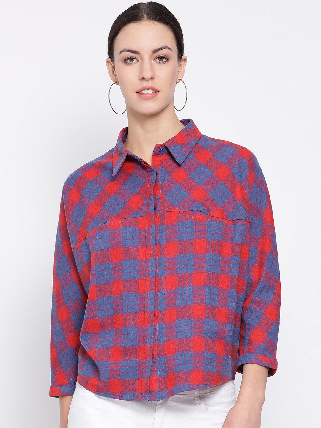 

Oxolloxo Women Red & Blue Regular Fit Checked Casual Shirt