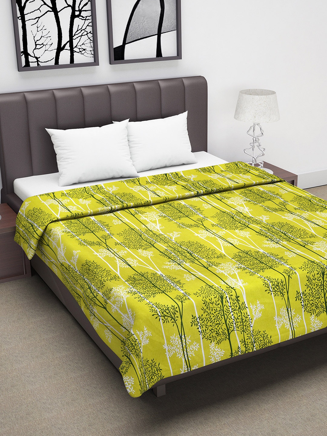 

Divine Casa Yellow & Green Floral AC Room 110 GSM Double Bed Dohar