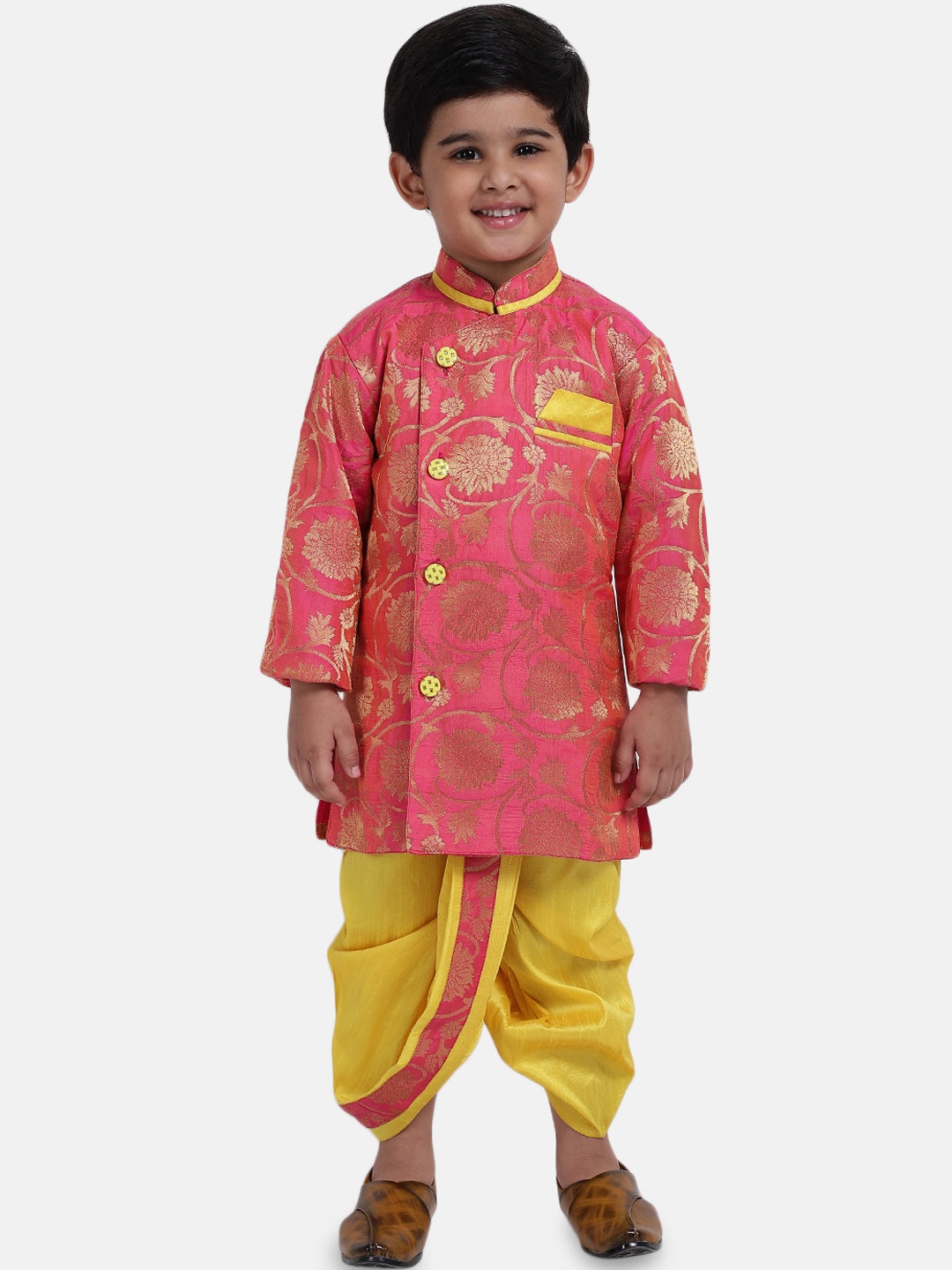 BownBee Boys Pink & Yellow Self Design Kurta with Dhoti Pants