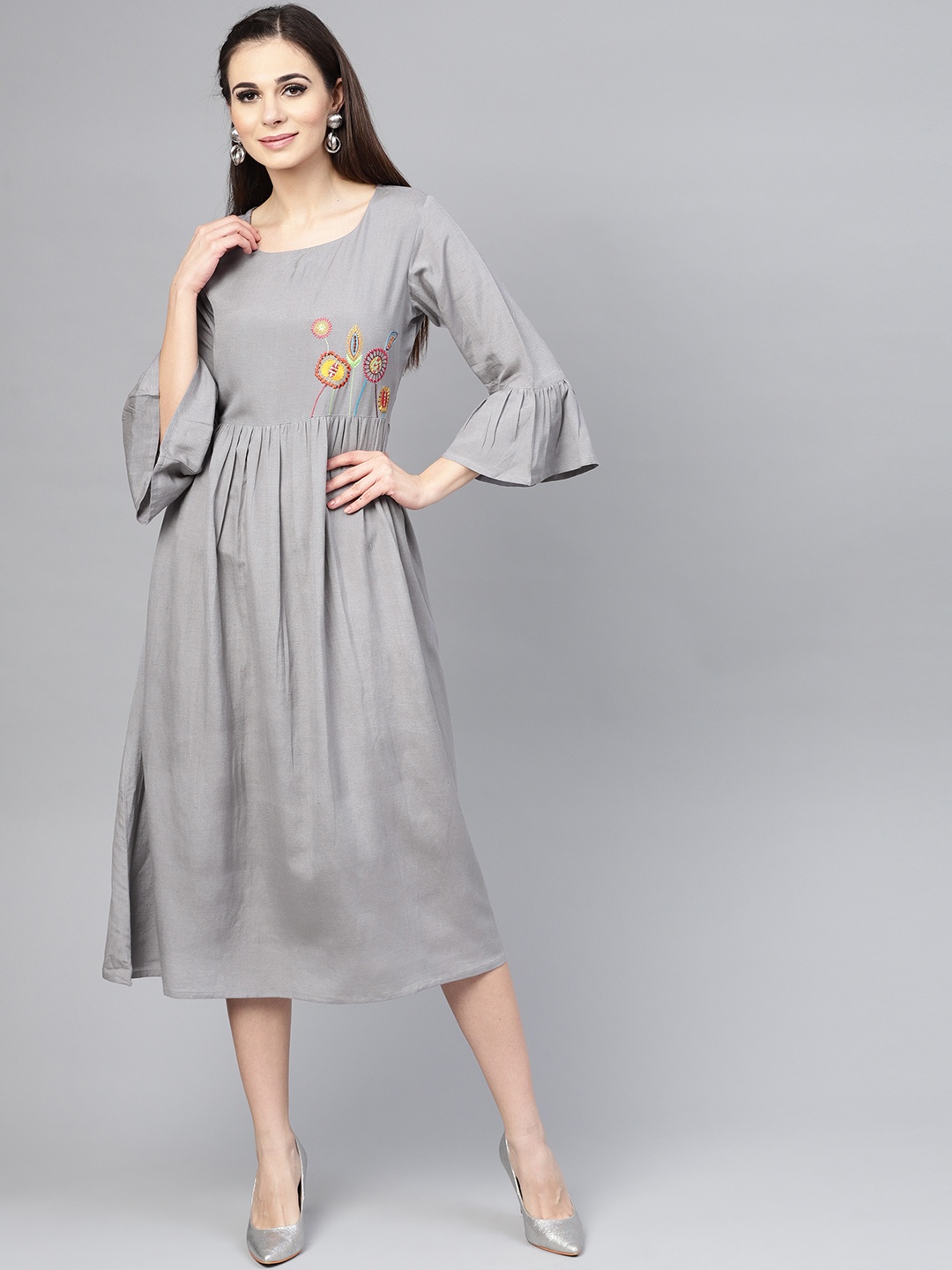 

Varanga Women Grey Embroidered Fit and Flare Dress