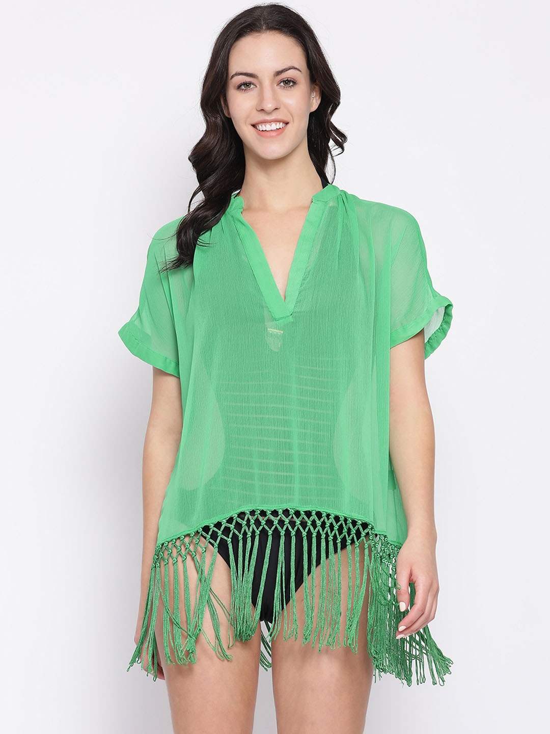 Oxolloxo Women Beachwear Green Solid Cover-Up Dress